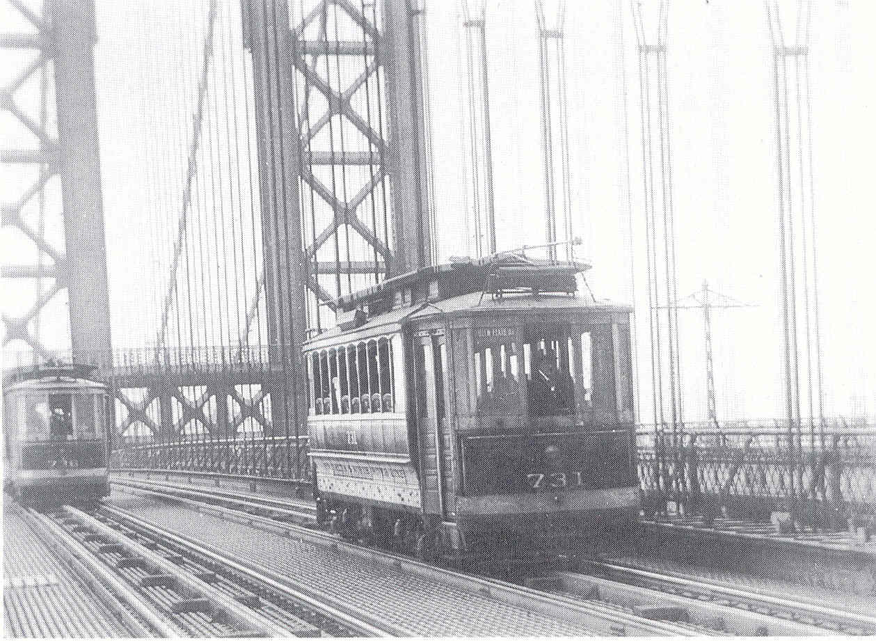 'Rare view of trolley on the upper level of the Manhattan Bridge.